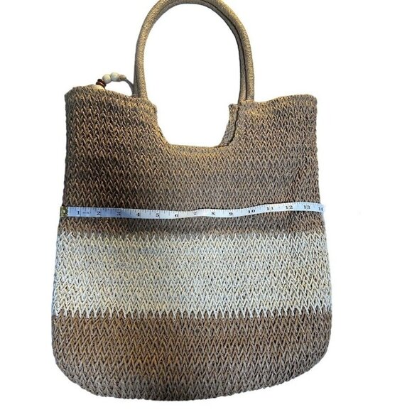Handmade Woven Straw Tote Bag With Tassel & Inner Pockets Beige/Brown 15" x 14" - Picture 5 of 8